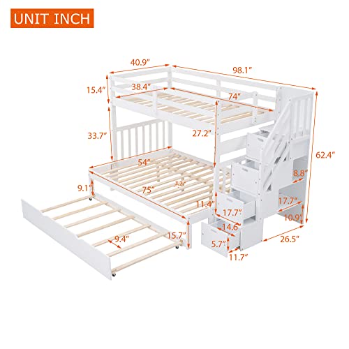 Ball & Cast Twin-Over-Twin Bunk Bed with Twin-Size Trundle and 3 Storage Stairs,Wood Bunkbed w/Full-Length Guardrails,Slat Support