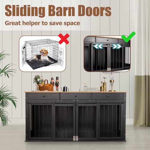 Sunseen Dog Crate Furniture Large Breed Wooden Dog Kennel with Room Divider & 3 Drawer