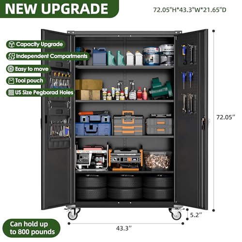 71" Metal Storage Cabinet with Wheels and Pegboard, Lockable Rolling Steel Storage Cabinet with 5 Adjustable Shelves and Door for Garage, Office