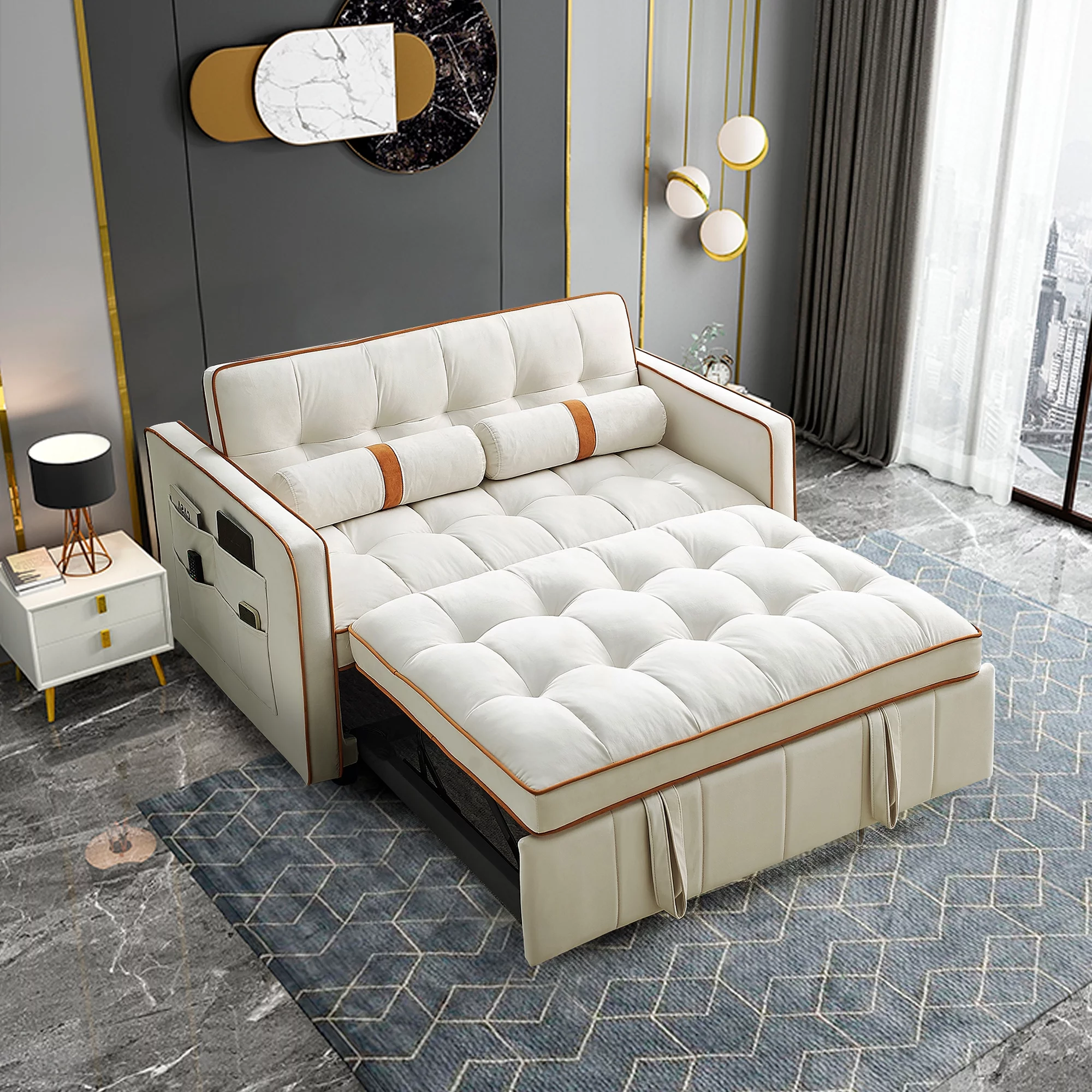 KINFFICT Futon Sofa Bed, Convertible Sleeper Sofa Bed with Pull Out Couch, Modern Velvet Loveseat Sleeper, Small Couch for Living Room, Beige