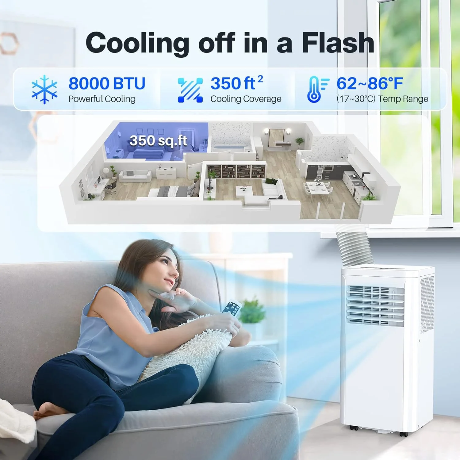 YONG Portable , 8000 BTU AC Unit with Dehumidifier & Fan Modes, Up to 350 Sq.Ft, Remote Control, 24H On/Off Timer, Quiet for Room, Window Mount Kit