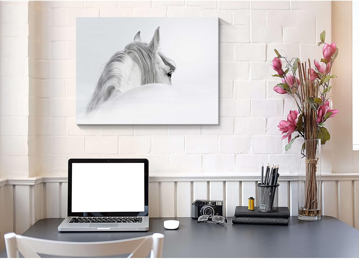 Bedroom Horse Canvas Wall Art: White Pony Picture Equestrian Print Large Modern Animal Portrait Artwork Contemporary Wildlife Painting for Bathroom