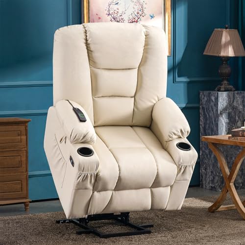 MCombo Small Power Lift Recliner Chair with Massage and Heat for Petite People, Cup Holders, USB Ports, Side Pockets, Faux Leather 7569 (Small