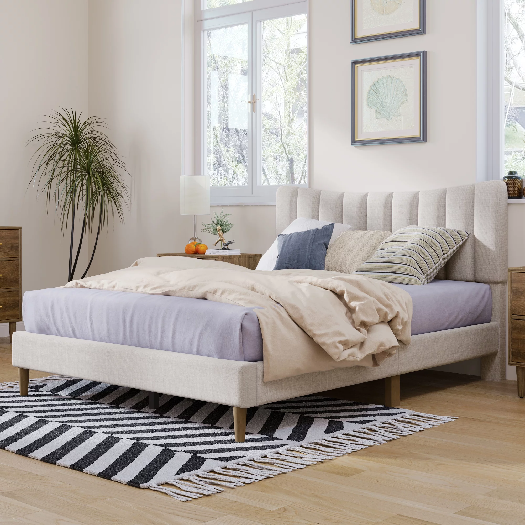 Paproos Bed Frame Queen, New Upgraded Upholstered Platform Bed with Vertical Channel Tufted Headboard, Solid Wood Legs, No Box Spring Needed