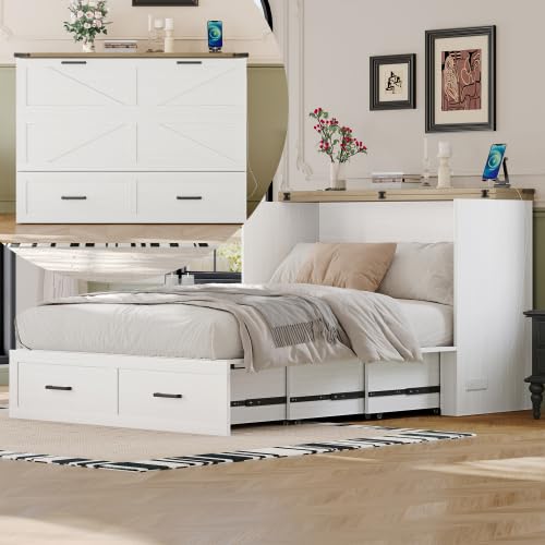 Queen Size Murphy Bed Cabinet with Charging Station, Farmhouse Murphy Bed with Large Storage Drawer, Foldable Wall Beds for Home Office, Small Room