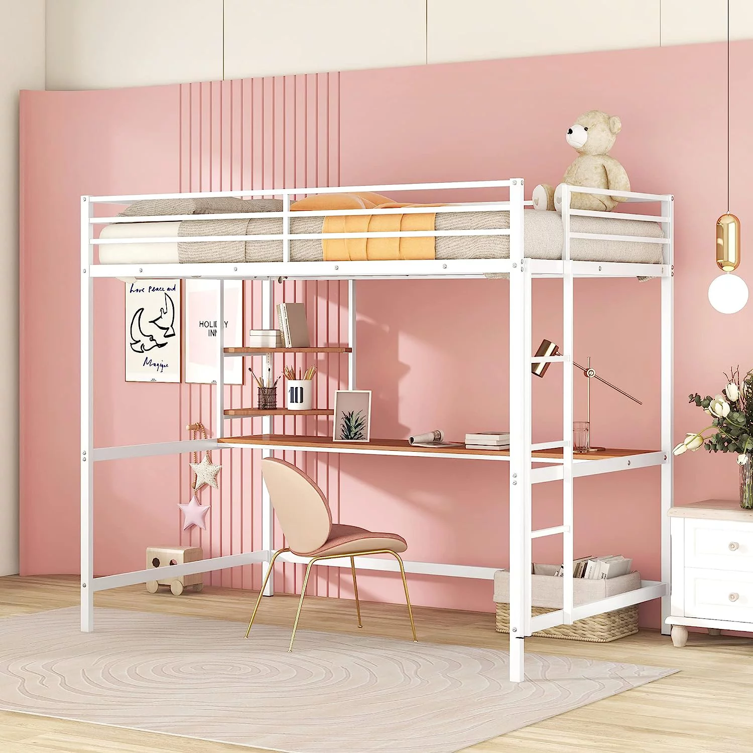 Full Size Metal Loft Bed With Long Desk, Shelves And Full Length Guardrails, Space-Saving Full Loft Bed For Bedroom, White