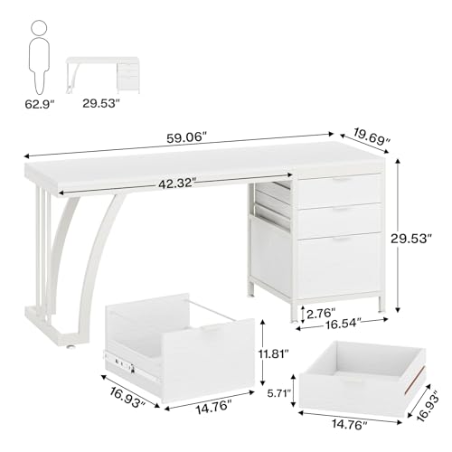 Tribesigns Computer Desk with 3 Drawers, 59-Inch PC Desk with Reversible Drawers