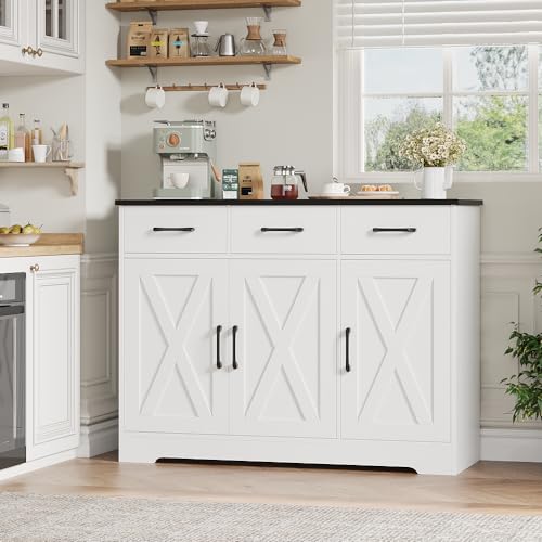 HOSTACK Modern Farmhouse Sideboard Buffet Cabinet, Barn Doors Buffet Storage Cabinet with Drawers and Shelves