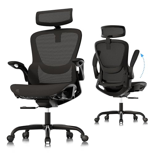 GABRYLLY Ergonomic Mesh Office Chair- White Desk Chair, Flip-Up Armrest, Adjustable Headrest, Tilting with Soft Seat and PU Wheel