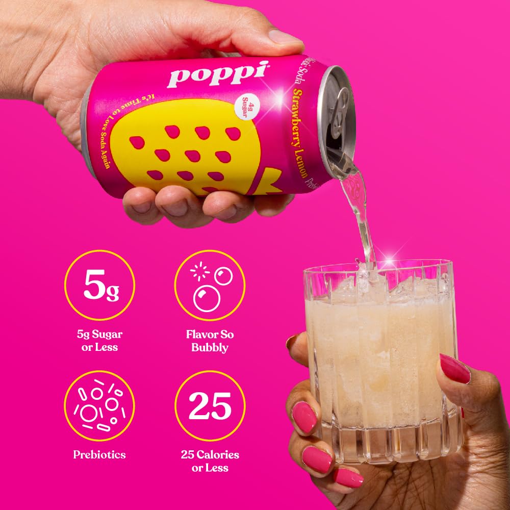 POPPI Sparkling Prebiotic Soda, Bulk 72-Pack, Strawberry Lemon, Orange, Cherry Limeade Beverages made with Apple Cider Vinegar