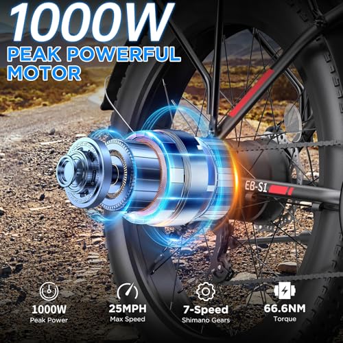 Electric Bike for Adults, 1000W Peak Ebike, 25MPH 60Miles Electric Mountain Bike, 26" Fat Tire Electric Bicycle with 48V 13AH Battery, Rear Rack