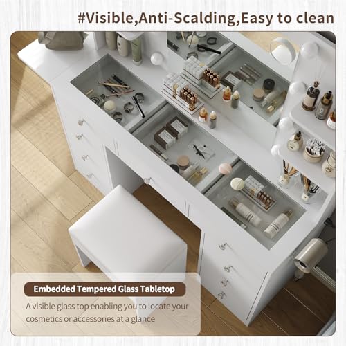 Vanity Desk & Power Outlet, Makeup Vanity with Mirror and 10 LED Lights, 3 Lighting Modes Brightness Adjustable