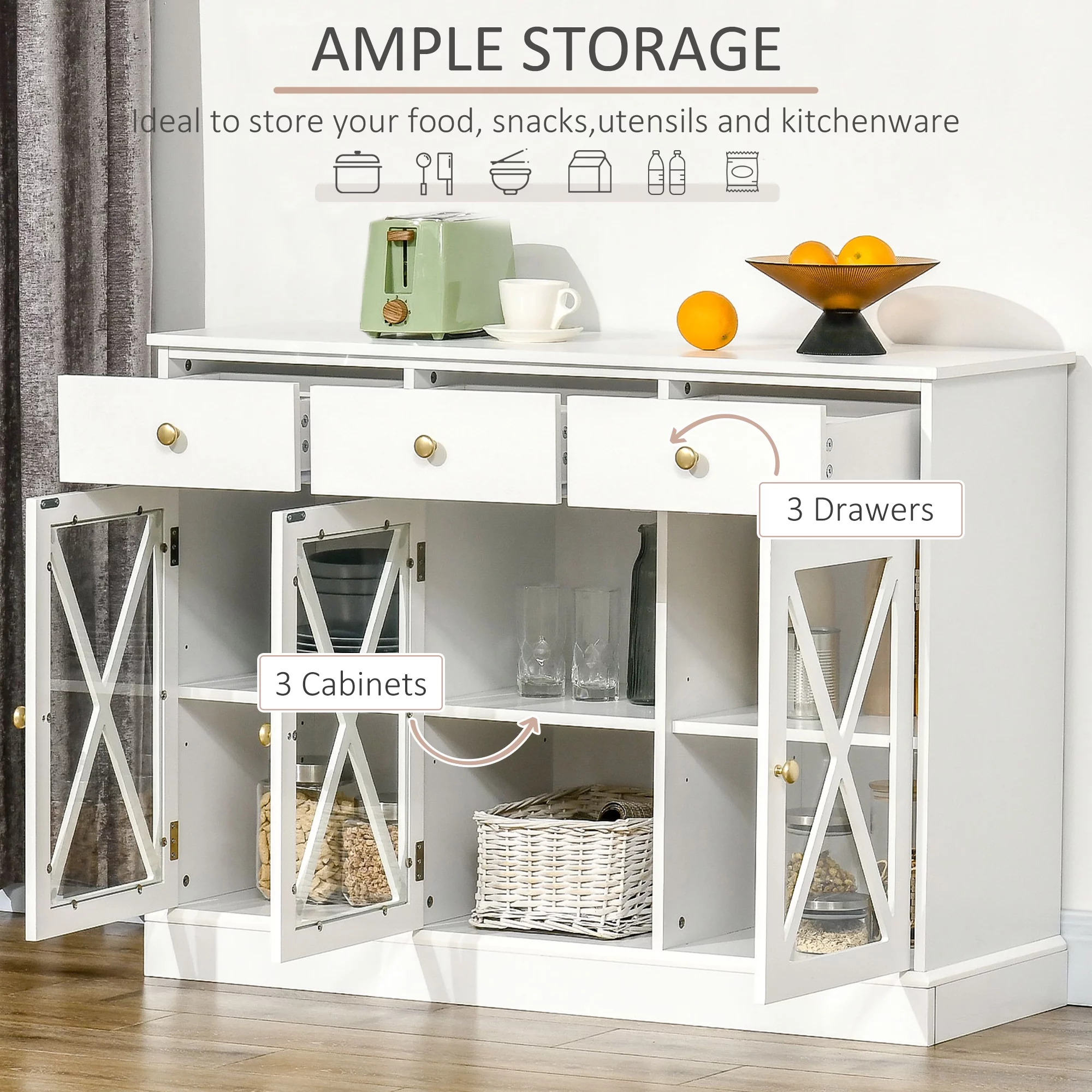 HOMCOM 45" Farmhouse Sideboard Buffet Cabinet with Glass Doors and 3 Drawers, White