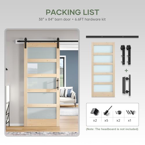 42x84 inch Glass Sliding Barn Door Slab with 7ft Hardware Kit Included, 5-Panel Frosted Glass, Spruce Wood Support DIY Dyeing, Easy Assembly