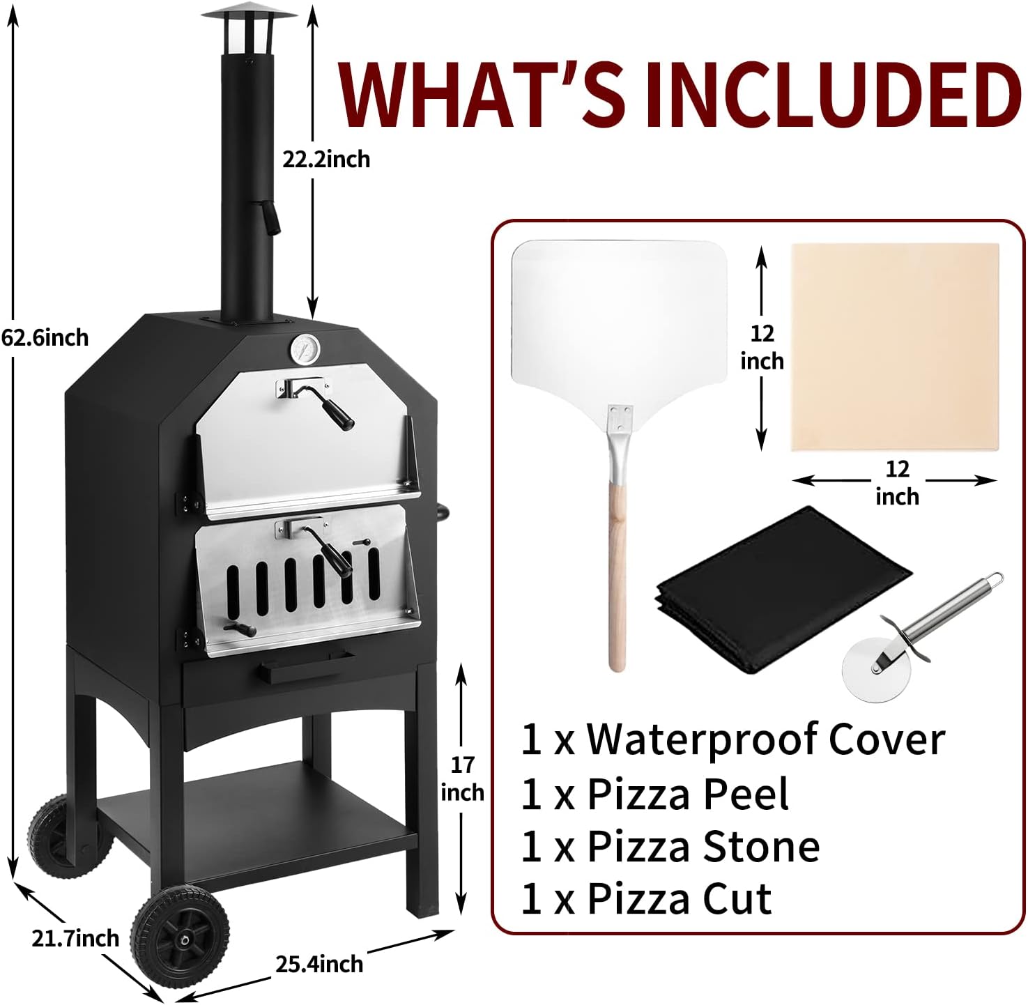 Outdoor Pizza Oven Wood Fire Wood Fired Pizza Oven for Outside with Waterproof Cover, 12" Pizza Stone, Pizza Spatula and 4pcs Grill Rack by DNKMOR