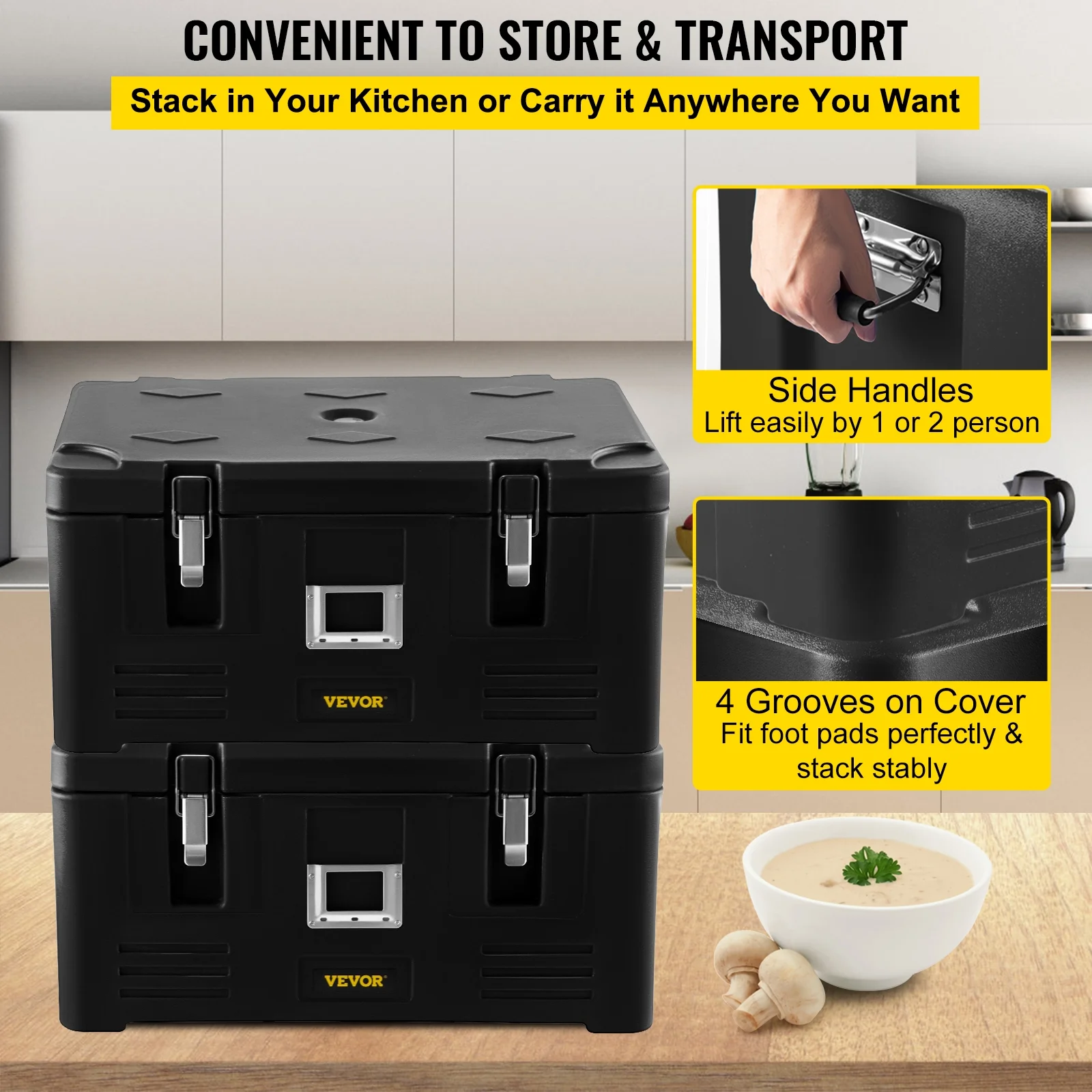 VEVOR Insulated Food Pan Carrier, 36Qt Capacity, Stackable Catering Hot Box with 3 Stainless Steel Pans