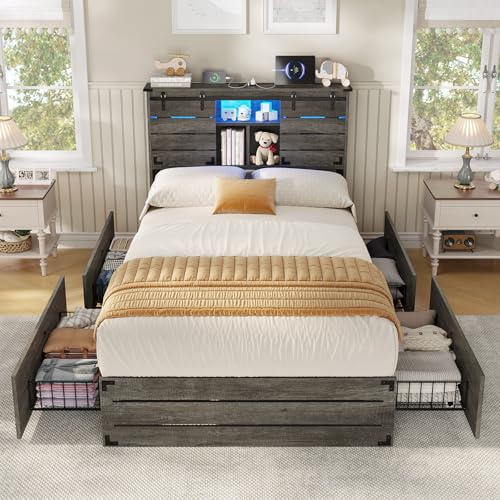 VIAGDO Wooden Bed Frame Queen Size with Bookcase Headboard and Sliding Barn Door, Farmhouse Queen Bed Frame with Charging Station