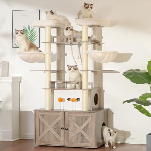 Heybly Cat Tree for Maine Coon with Litter Box Enclosure, 72-inch Wooden Cat Tower for Indoor Cats Large Adult, Big Condo with Food Station, Baskets