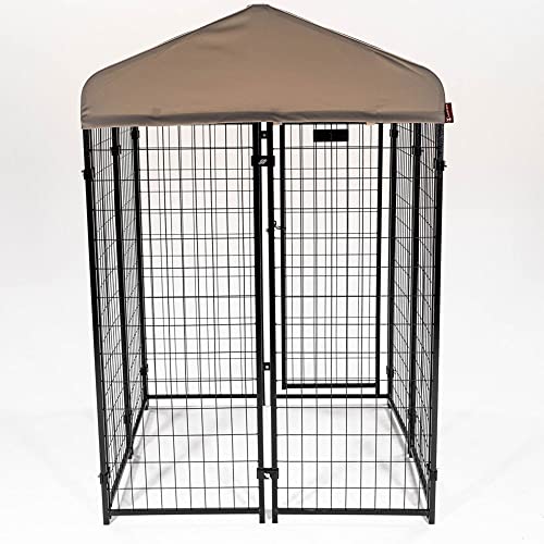 Stay Series 4 by 4 by 4.3 Feet Studio Jr. Black Powder Coat Steel Frame Outdoor Dog Kennel with Waterproof Canopy Roof and Gate Door, Khaki