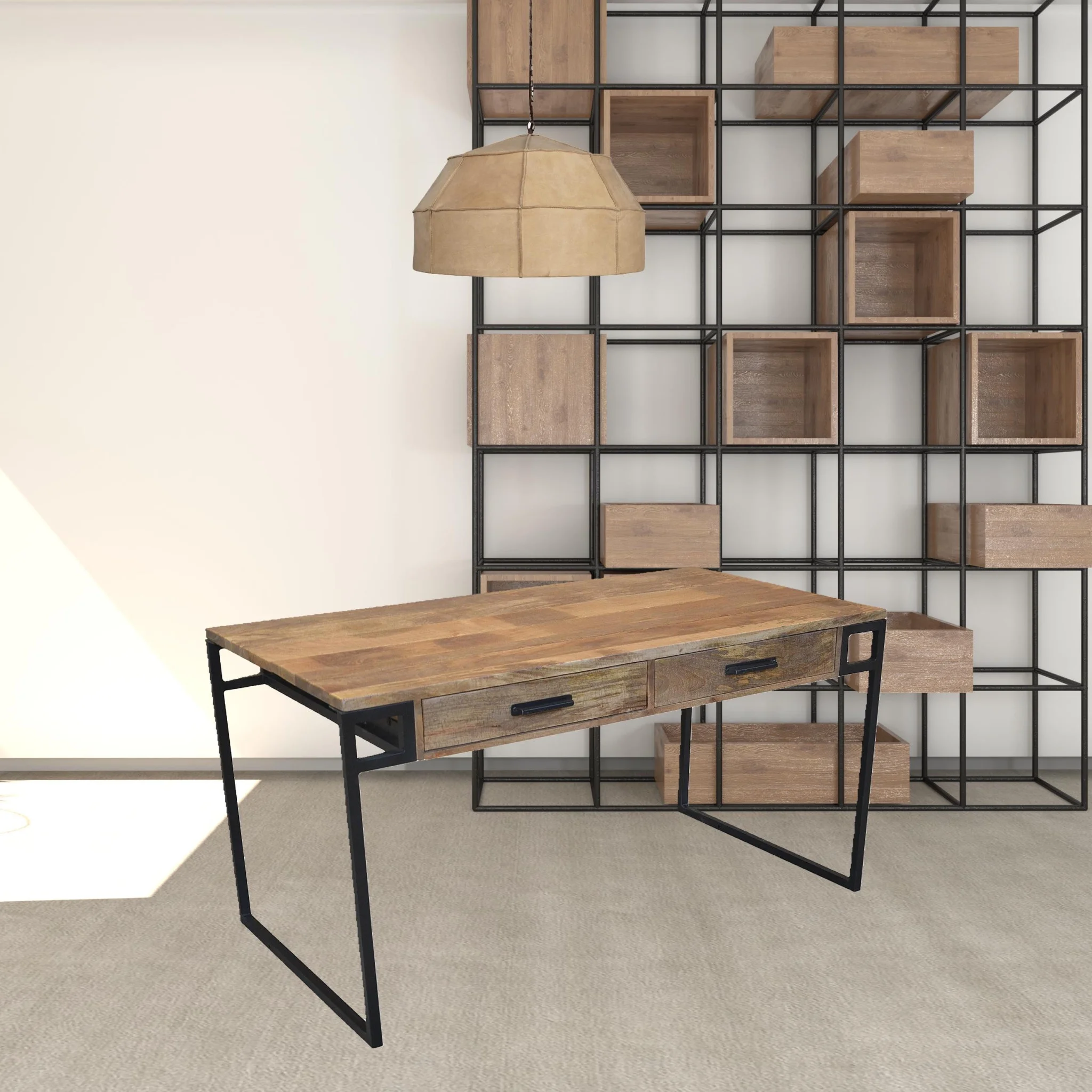 HomeRoots 489179 60 in. Natural, Black & Mango Solid Wood Writing Desk with Two Drawers