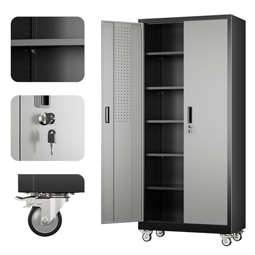 71" Metal Storage Cabinet with Wheels and Pegboard, Lockable Rolling Steel Storage Cabinet with 5 Adjustable Shelves and Door for Garage, Office
