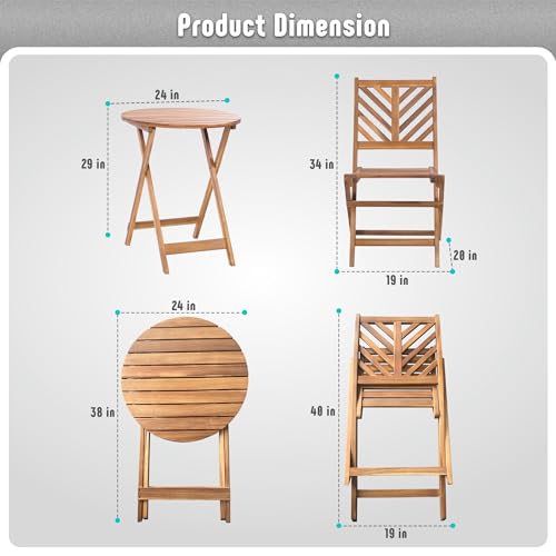 3-Piece Acacia Wood Patio Set, Foldable Bistro Table and Chairs Set of 2,Small Patio Furniture Set with Cushions