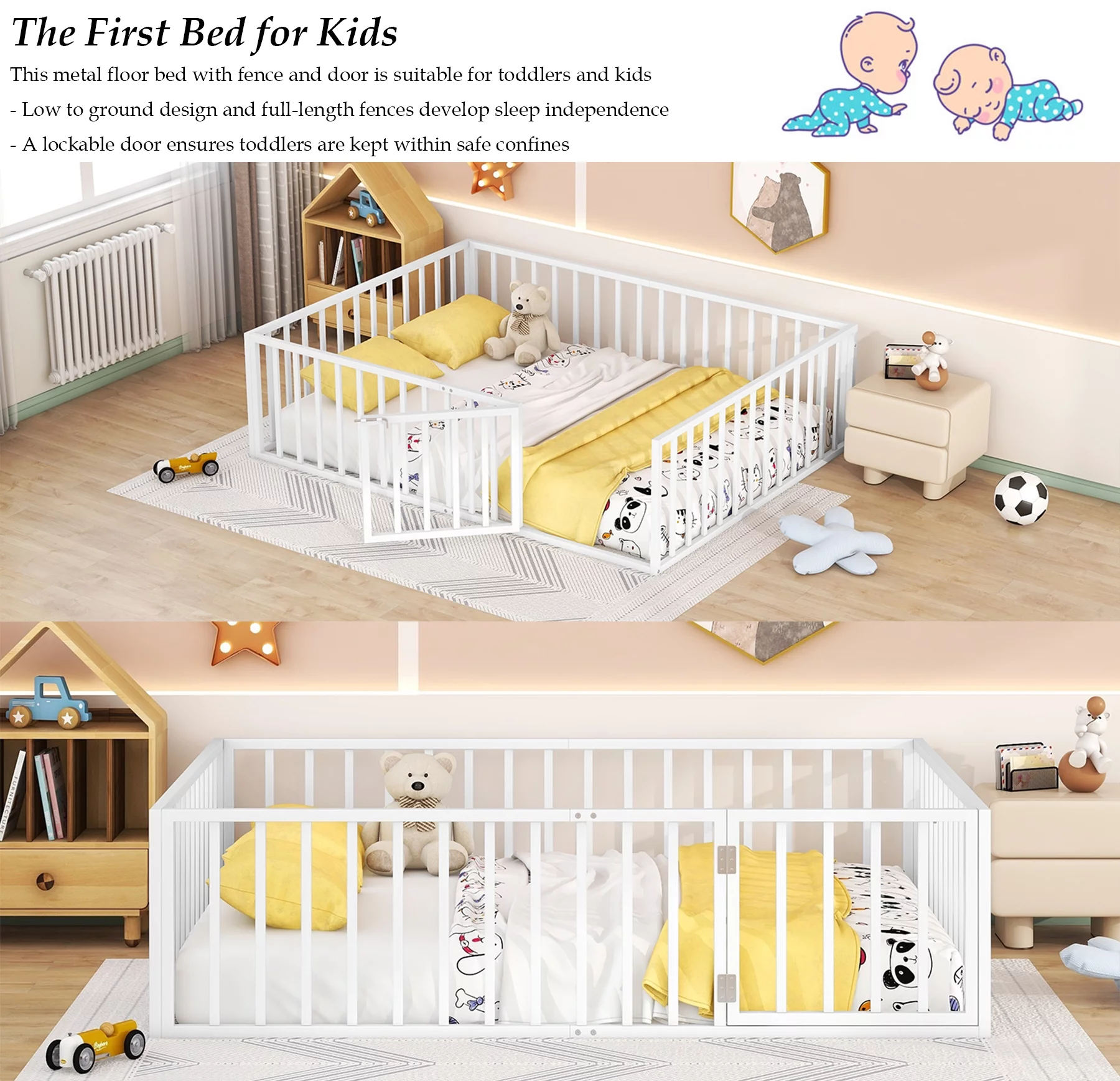 Bellemave Queen Floor Bed with Fence Rails and Lockable Door Queen Metal Floor Bed for Toddler, Child, Boys