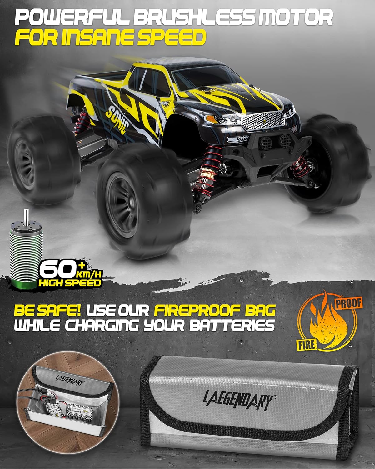 LAEGENDARY RC Car - Off Road Remote Control Car for Adults & Kids, Waterproof All Terrain 4x4 Truck w/ 2 Batteries - 1:16 Scale, Brushless, Black