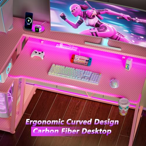 55 Inch Gaming Desk with Power Outlet & LED Lights, L Shaped Gamer Computer Table with Storage Shelves for Bedroom, Corner Home Office Desk