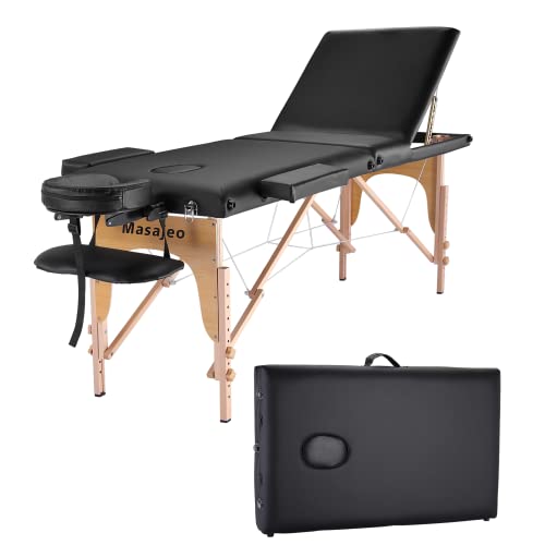 Portable Massage Table Massage Bed Professional SPA Reiki Eyelash Salon Bed, Wooden Frame Height Adjustment & Accessories, Black (3-Section)