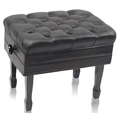Griffin Genuine Leather Adjustable Piano Bench Black Solid Wood Vintage Style & Heavy-Duty Ergonomic Keyboard Stool | Cushion Seat with Storage Space