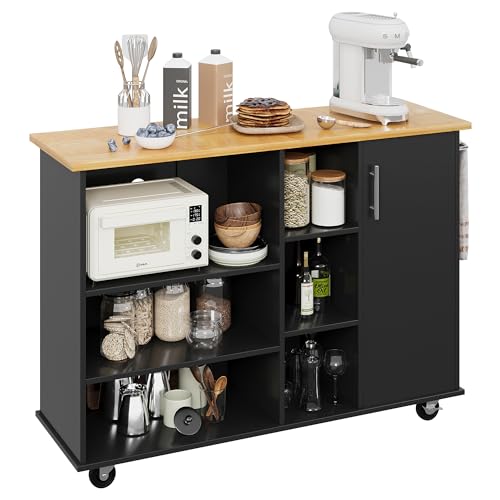 Shintenchi Rolling Kitchen Island Cart with Folding Drop Leaf Breakfast Bar, Portable Trolley Island with Large Storage Cabinet, Shelf and Drawer