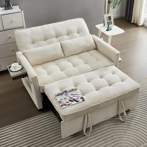 Sleeper Sofa Bed, 52‘’ Convertible Pull Out Couch with Small Table| USB Port | Side Pockets | Corduroy Fabric | Adjustable Backrest for Apartment