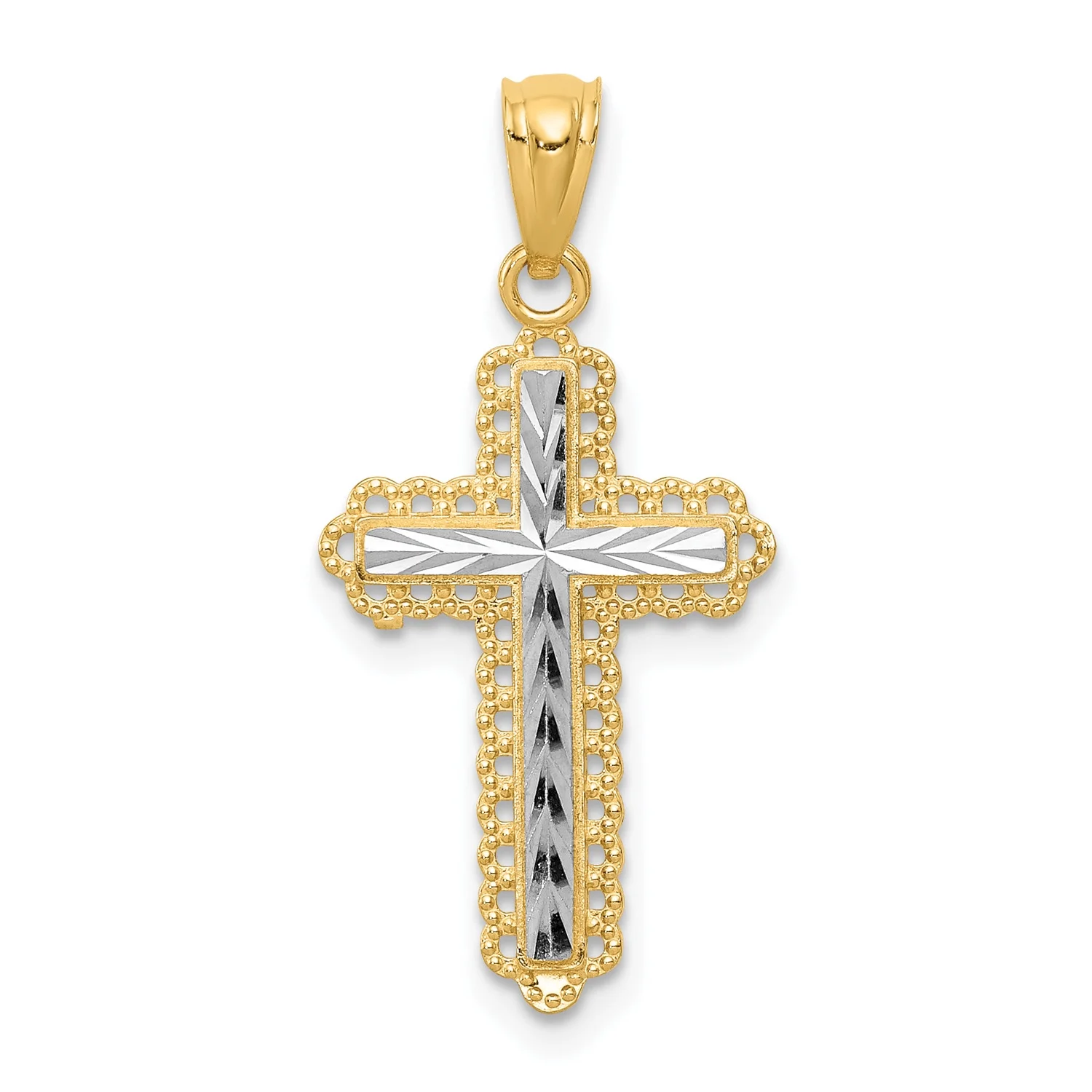 14K Two-Tone Gold Rhodium Plated Diamond Cut Cross Pendant (21 mm X 13 mm) With 14K Yellow Gold Light Weight Rope Chain 16"