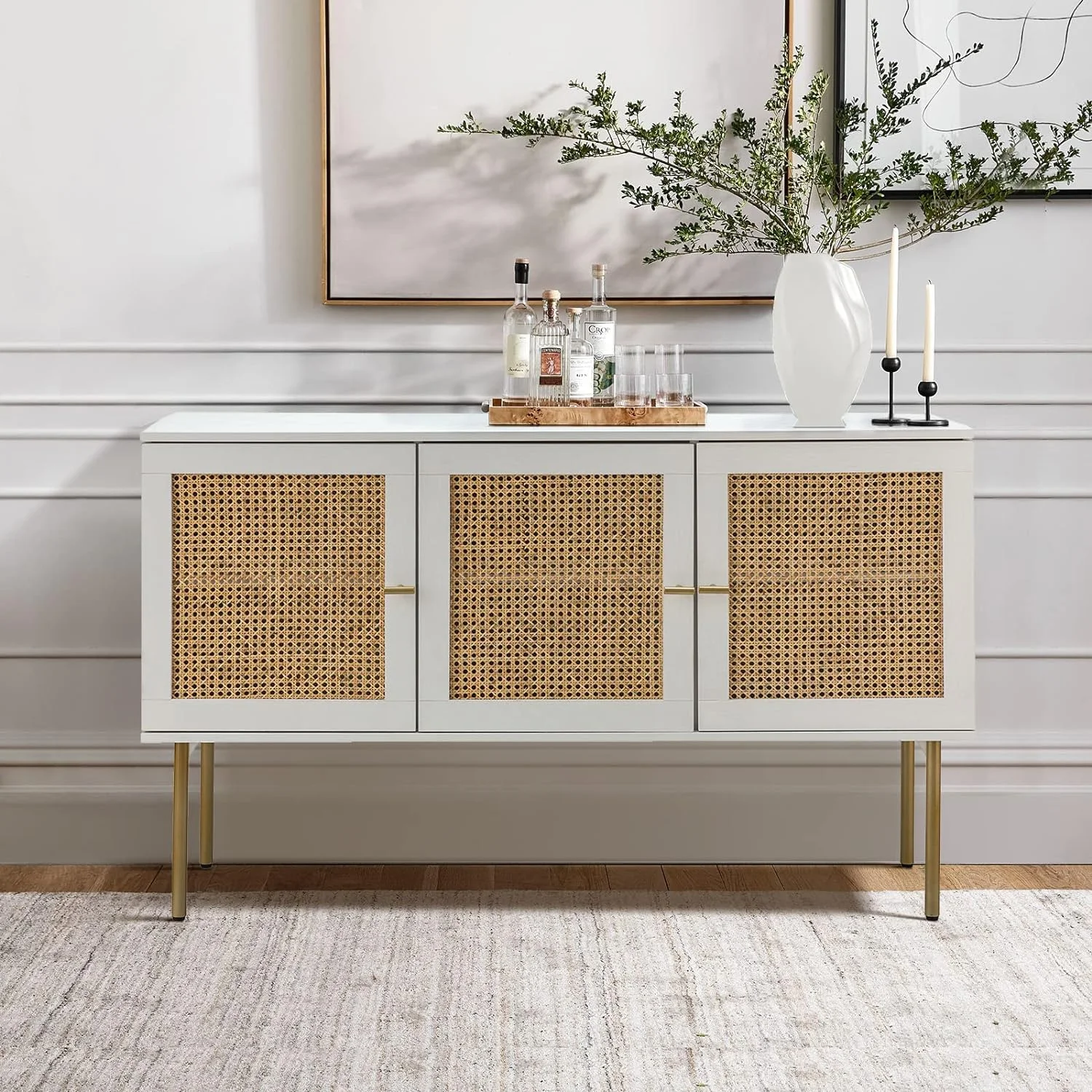 Sideboard Buffet Cabinet,Kitchen Accent Storage Cabinet With Adjustable Shelves & 3 Rattan Decor Doors