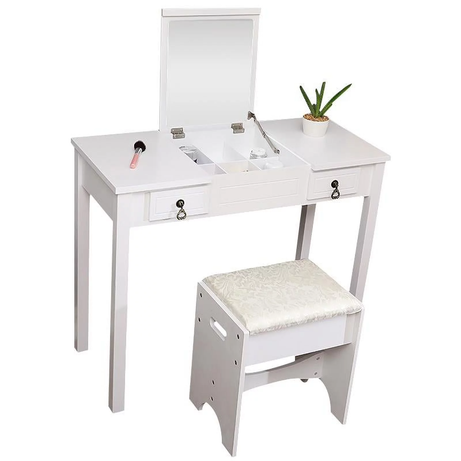 FCH Flip-top Mirror Vanity Set Makeup Dressing Table with 2 Drawers and Stool for Bedroom, White