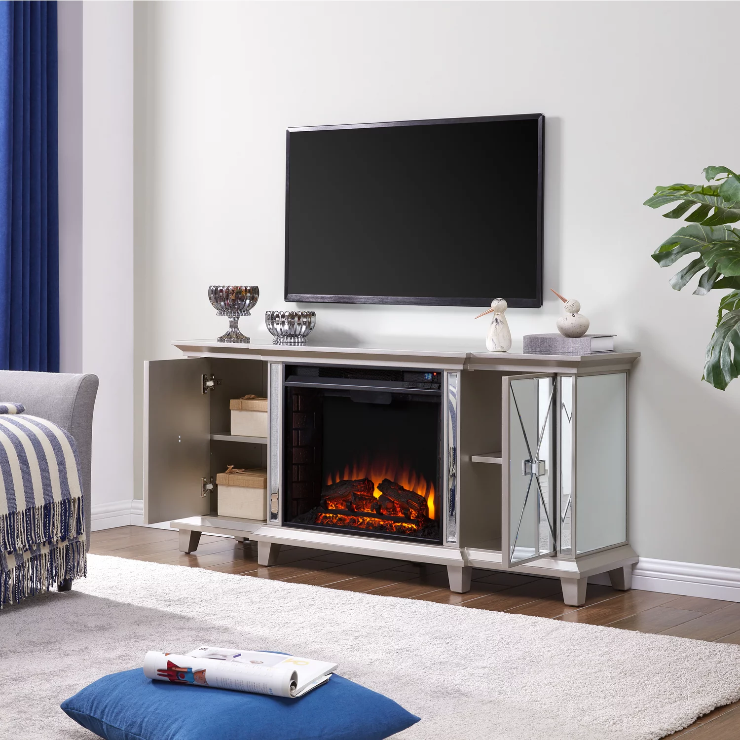 Toppington Mirrored Electric Fireplace Media Console in Mirror/Silver