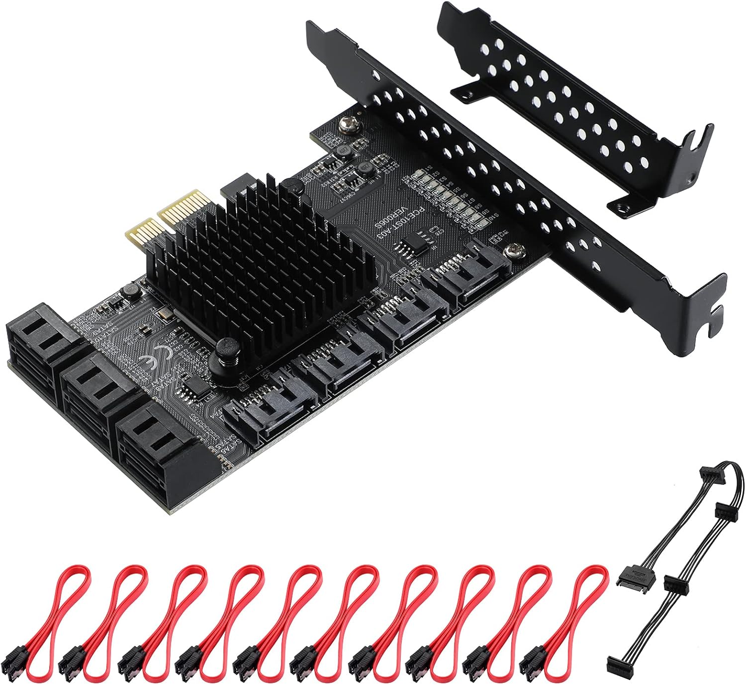 MZHOU PCI-E 1X Interface 3.0 10 Port SATA Card with 10 SATA Cables & SATA Power Splitter Cable and Low Profile Bracket - 6Gbps SATA 3.0 PCIe Card