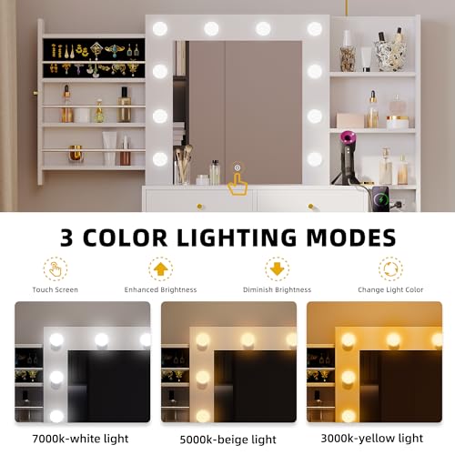 YITAHOME Makeup Vanity Desk with Mirror & Power Outlet, Hollywood Vanity Set with Hidden Jewelry Storage, 5 Drawers and Lots Shelves