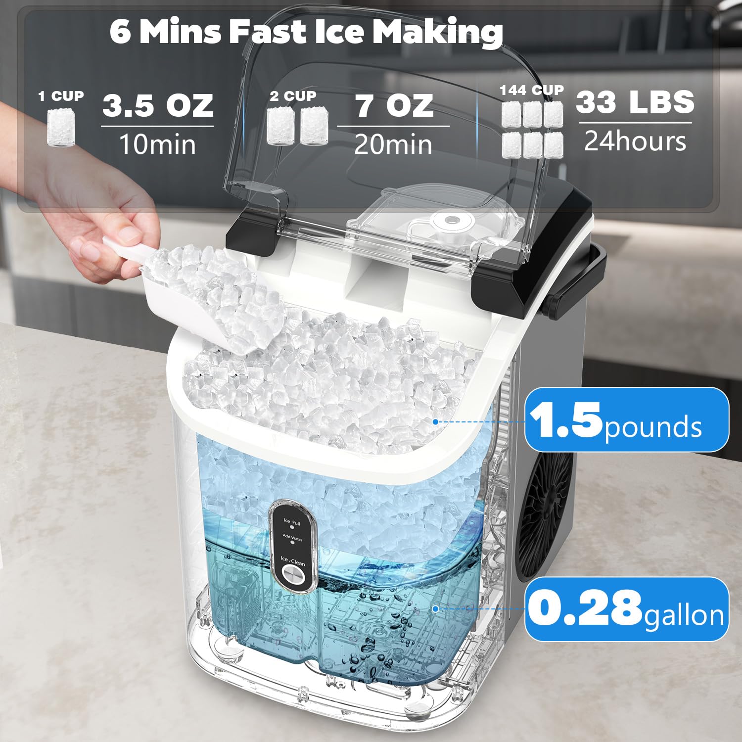 Kndko Nugget Ice Maker Countertop,Crushed Ice Maker with Chewable Ice,Fast Ice Making 35Lbs/Day, Self Cleaning Countertop Ice Maker