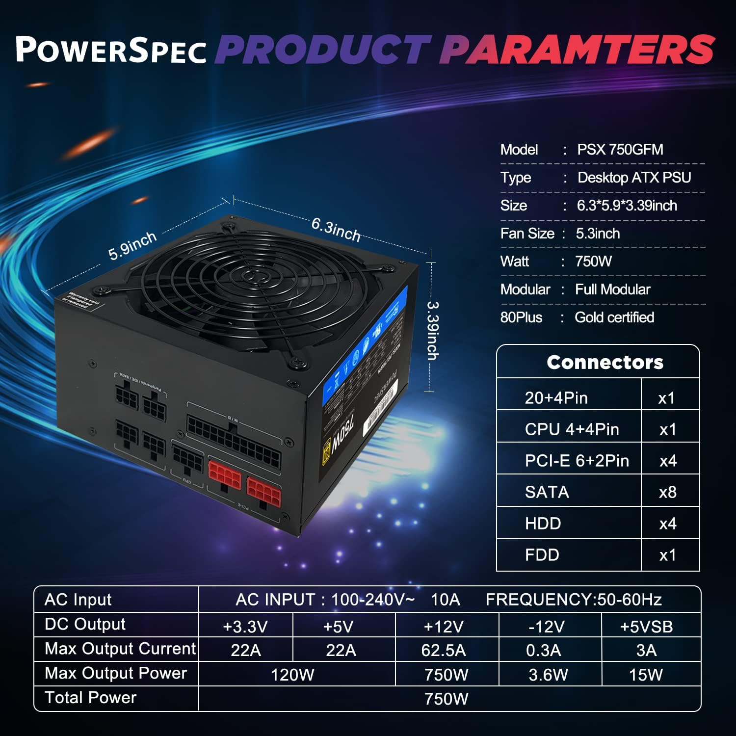PowerSpec 650W Power Supply 80 Plus Bronze Certified Fixed Cable Non-Modular ATX PSU Active PFC SLI Crossfire Ready Gaming PC Computer Switching