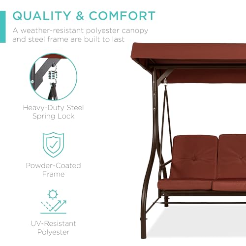 Best Choice Products 3-Seat Outdoor Large Converting Canopy Swing Glider, Patio Hammock Lounge Chair for Porch, Backyard w/Flatbed, Adjustable Shade