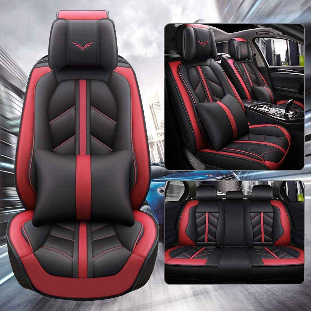 Fly5D Red Car Seat Covers Full Set with Waterproof Deluxe Leather,Airbag Compatible Automotive Vehicle Cushion Cover Universal fit for Most Cars