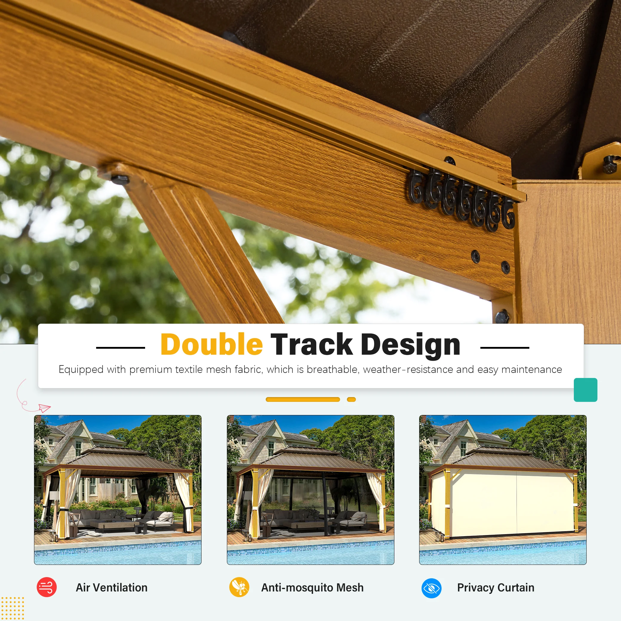Richryce Gazebo 12’x16’W/Steel Double Roof Hardtop Gazebo, Rust Resistant Coated Aluminum Frame Waterproof Pavilion