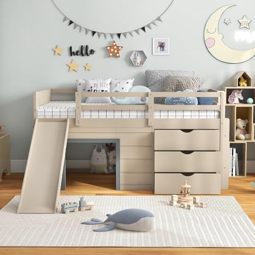 KOMFOTT Twin Low Loft Bed with 3 Storage Drawers & Underneath House, Wood Loft Bed with Slide, Ladder, Guardrails & Under-Bed Play Space