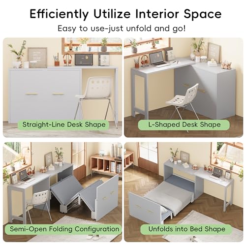 Twin Murphy Bed with Mattresses, Folding Cabinet Bed with Adjustable Position Desk