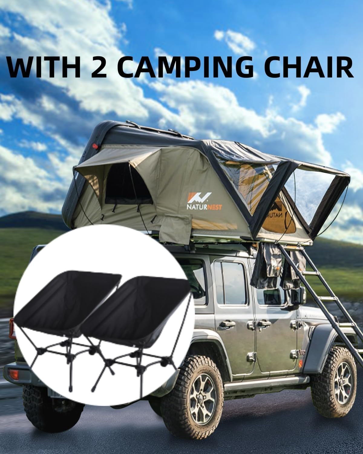 Naturnest Rooftop Tent Hard Shell with 2 Chair, BAMACAR Rooftop Tent for Jeep SUV Pickup Truck Van Overland Tent