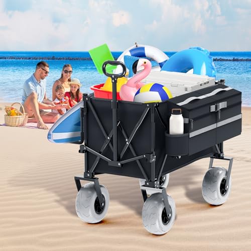 Beach Wagon with Big Wheels for Sand,Heavy Duty Collapsible Wagon with All-Terrain 9" Pneumatic Tires and Detachable Cooler
