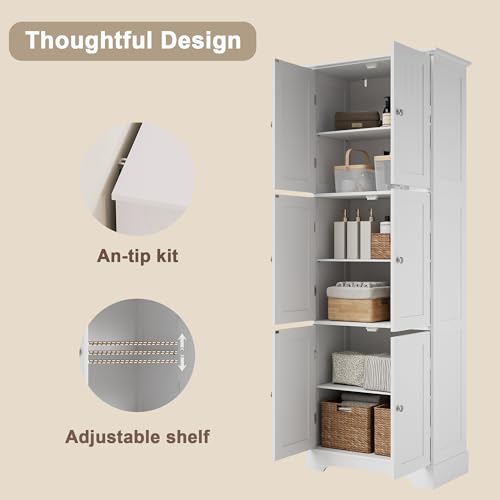 ChooChoo Tall Bathroom Storage Cabinet with 6 Doors, Freestanding Floor Cabinet with Adjustable Shelves, White Pantry Cabinet for Bathroom, Kitchen