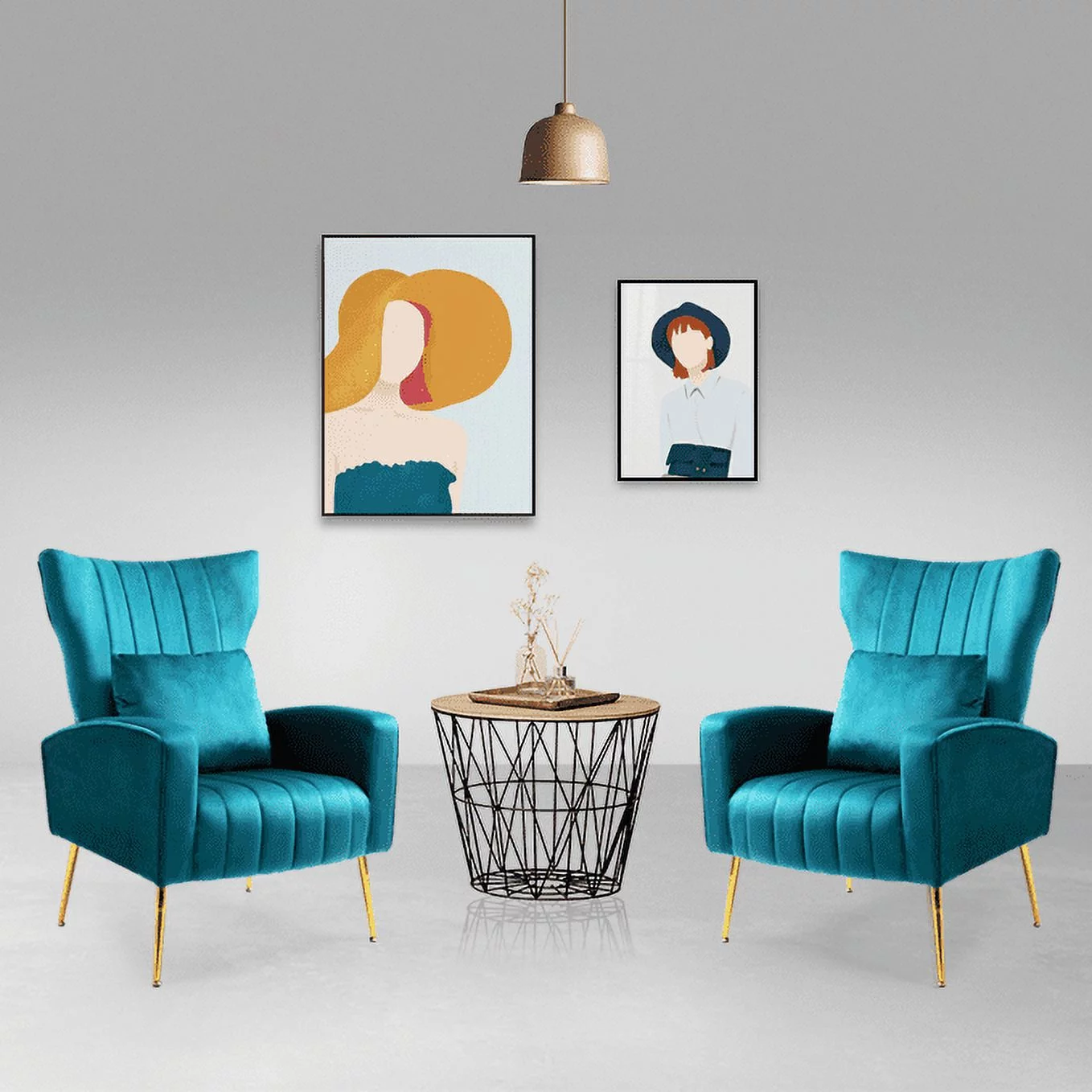 Newnno Living Room Chairs Set of 2 with Lumbar Pillow, Velvet Accent Chair with High Back Mid Century Armchair for Bedroom with Armrest